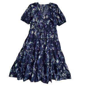 Gap Floral‎ Puff Sleeve Tiered Maxi Shirtdress Navy Large Cottagecore Bloomcore